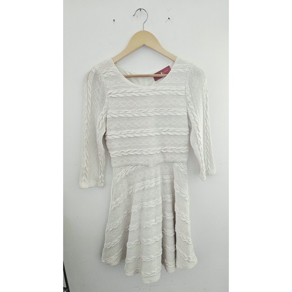 Akira Cream Knit Fit & Flare Dress Cable Knit 3/4 Sleeve Round Neck Size M